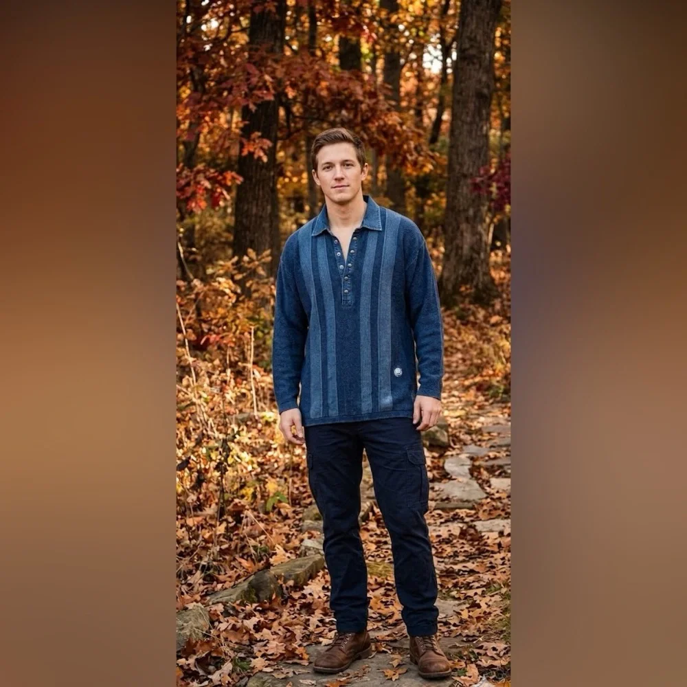VTG Blue Willi's Heavyweight Pure Indigo Cotton Pullover Henley Sweater